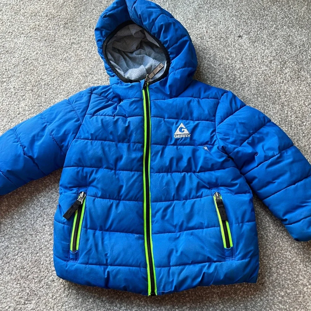 Gerry Boys Blue Puffer‎ Jacket Hooded Winter Coat Neon Green Trim Size 3T